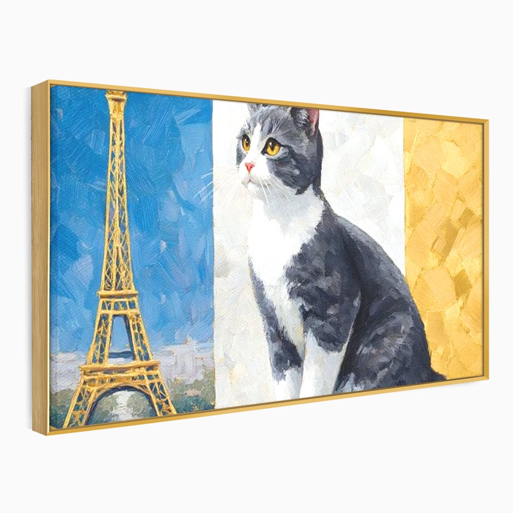Tablou canvas cu tablou canvas cu pisica si turnul eiffel, in rama de aluminiu auriu